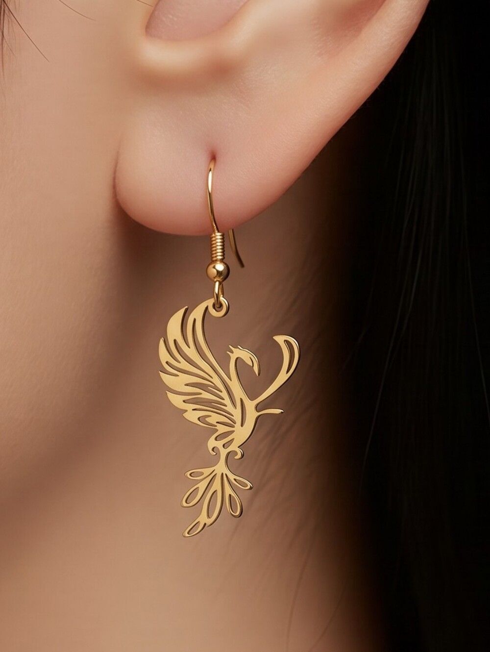 Gold Stainless Steel Phoenix Earrings Laser Cut Dangle Modern Minimalist Mystic